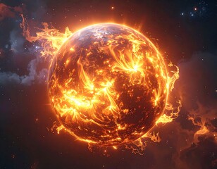 Fiery orb, radiating heat and light against a dark, cloudy cosmic backdrop