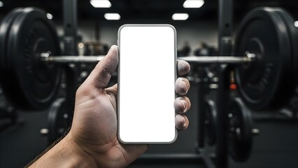 Bodybuilder Hand with Gym Chalk Holding Blank Smartphone Mockup