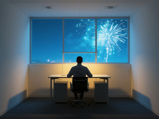 Modern Big Window Office with Man Silhouette Watching Fireworks