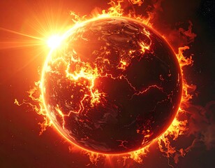 Fiery planet engulfed in flames and bright sunlight against a dark backdrop