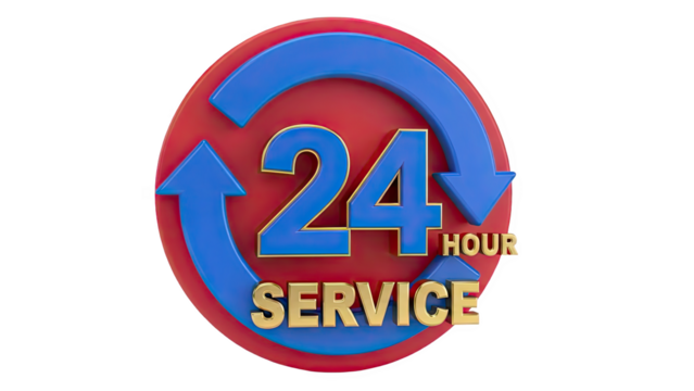 3D 24 Hour Service Emblem with Arrows on transparent background - Powered by Adobe
