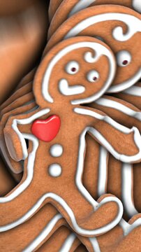 Vertical video of a cute Gingerbread man dancing salsa with echo effect. Seamless funny Christmas animation,