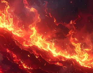 Fiery red and orange flames swirl across a dark background