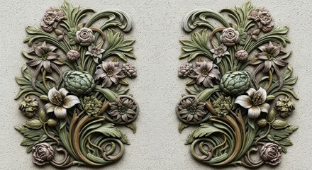 Ornate floral relief carvings adorn a textured wall