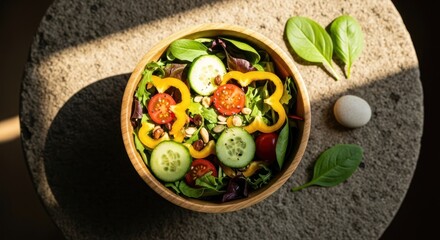 Rustic salad presentation with fresh vegetables in a wooden bowl
