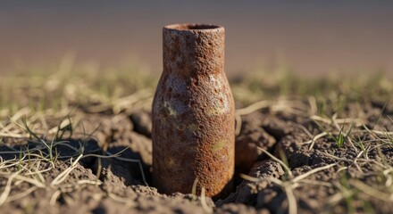Rusty metal bottle nestled in dry cracked earth with sparse vegetation