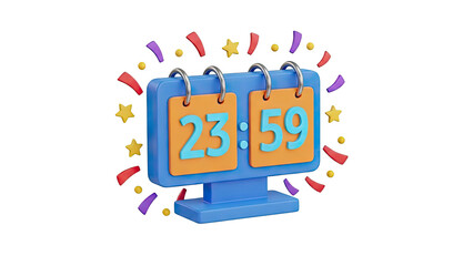 Flip Clock Displaying 23:59 with Confetti and Stars on transparent background