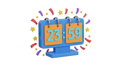 Flip Clock Displaying 23:59 with Confetti and Stars on transparent background
