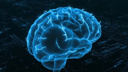 cinematic sci fi 3D brain visualization with neon blue wireframe structure glowing impulses traveling through synapses and a dark high tech background
 - Powered by Adobe