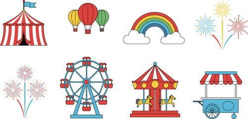 Amusement park carnival vector icon set featuring circus tent ferris wheel carousel hot air balloons rainbow fireworks and food cart on white background © Aminul