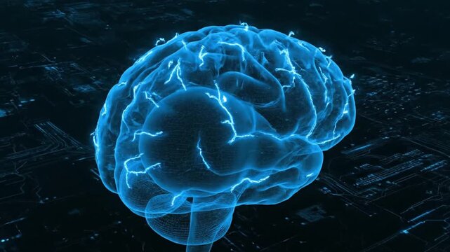 cinematic sci fi 3D brain visualization with neon blue wireframe structure glowing impulses traveling through synapses and a dark high tech background
