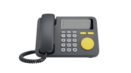 Modern Gray Desk Phone with Yellow Buttons and Display on transparent background