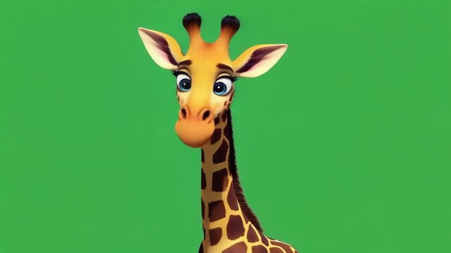 Cute cartoon giraffe with big blue eyes smiling against green background animated character