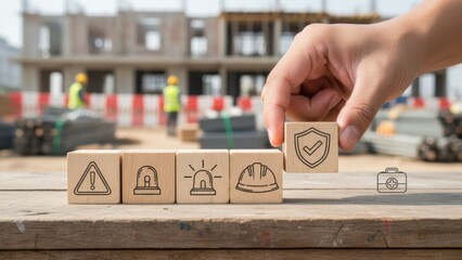 Construction site safety first: hand placing shield block beside warning, alarm, siren and hard hat icons, symbolizing workplace protection, risk management, compliance and accident prevention

