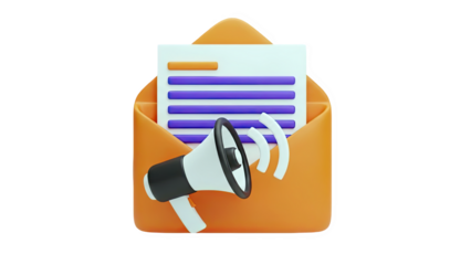 3D Email Marketing Megaphone and Document on transparent background