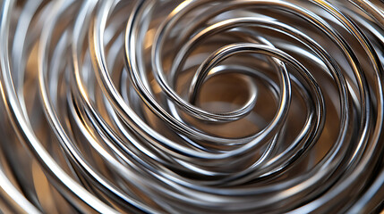 A mesmerizing vortex of silver tubes, an abstract dance of light and form. The curved lines and gleaming metal create a hypnotic spiral. A metallic embrace, infinity unfolds.