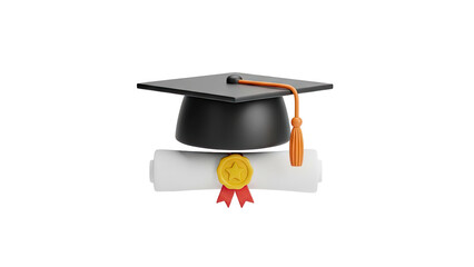Graduation cap and diploma with gold seal and red ribbon on transparent background