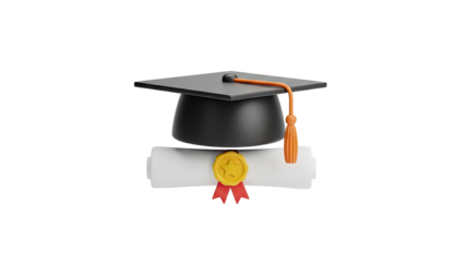 Graduation cap and diploma with gold seal and red ribbon on transparent background