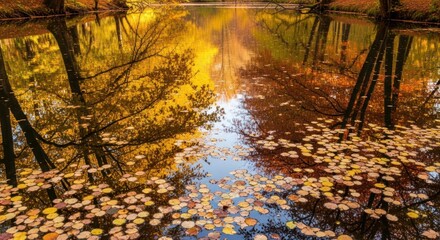 Serene autumn reflection on still water, vibrant foliage and fallen leaves