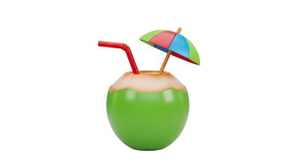 Green coconut with straw and umbrella on transparent background