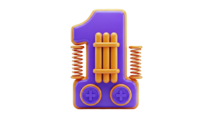 3D Number 1 with springs and plus signs on transparent background