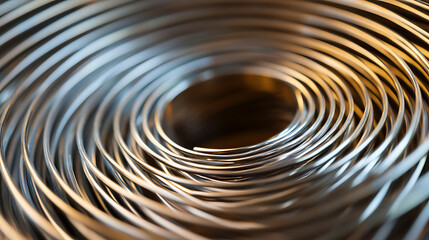 Coiled metal abstract visual. The metallic texture catches the light, highlighting the curvature and reflections. Perfect for background, graphic design elements, and industry concepts.