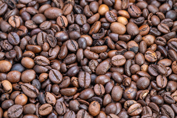 Fototapeta premium Closeup of roasted coffee beans, Detailed view of glossy roasted coffee beans on tray surface, Close examination of polished roasted coffee beans illuminated softly on tray