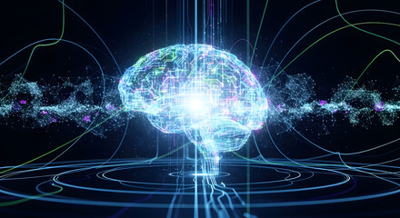 Glowing digital brain with neural network connections and data flow