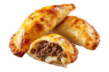 Argentina and Uruguay empanadas stacked in a pyramid, golden baked crust, meat and potato filling, isolated on white transparent background, concept of traditional South American Cuisine