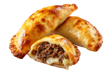 Argentina and Uruguay empanadas stacked in a pyramid, golden baked crust, meat and potato filling, isolated on white transparent background, concept of traditional South American Cuisine