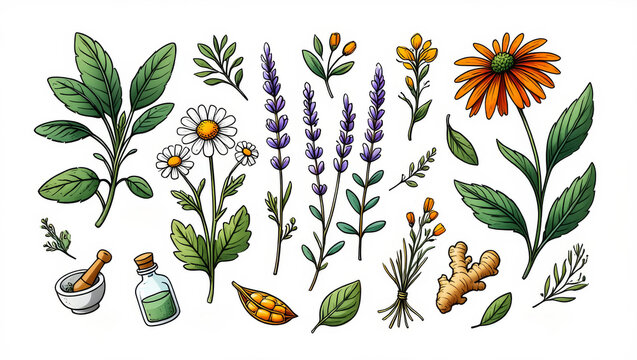 A drawing of various plants and herbs, including lavender, dandelions