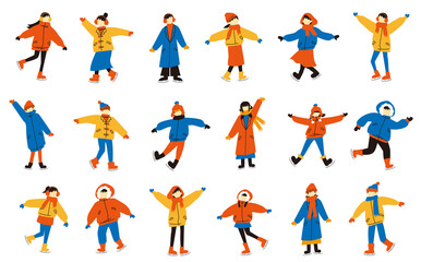 スケートをする人のフラットイラストセット