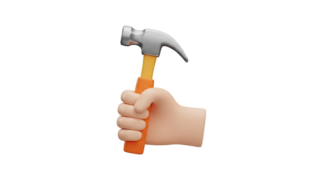 Cartoon hand holding a hammer on transparent background - Powered by Adobe
