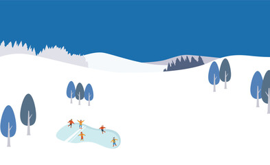 広大な冬の自然とスケートをする人たちの背景イラスト