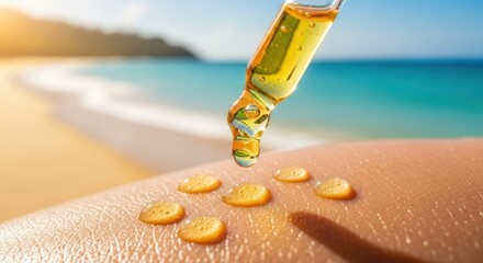 Serum application with pipette on skin, in tropical beach environment