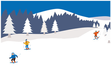 真っ白いゲレンデで遊ぶスキー客の背景イラスト