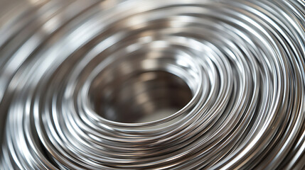Close-up shot of coiled metal wire showcasing its concentric circles, metallic sheen, and smooth surface texture. The abstract pattern highlights industrial design.