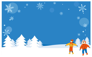 冬の森とカラフルな防寒着の人物背景イラスト