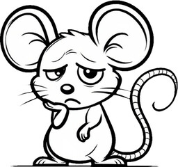 Fototapeta premium Grumpy little mouse cartoon line art with big ears and a funny angry expression.
