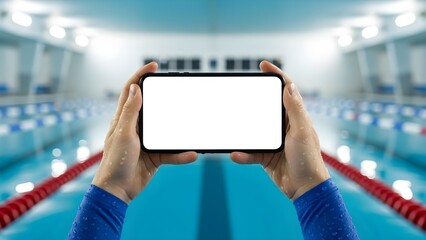 Swimmer Hands Holding Horizontal Smartphone Mockup at Indoor Pool