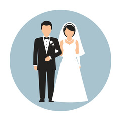 Wedding couple in formal wear inside a blue circle on white background.