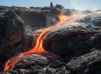 Flowing molten rock creating fiery river through rocky terrain
