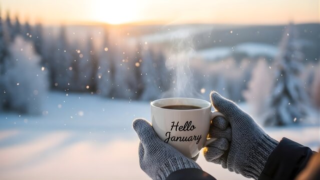 Hello January Cozy Winter Mug Outdoors &ndash; Warm Coffee in Gloves with Snowy Sunrise Background