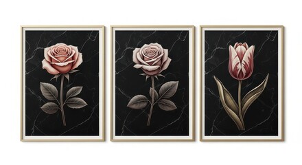 Obraz premium Elegant triptych of realistic roses and tulip on dark background