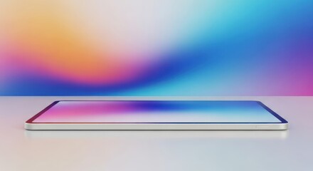 Sleek modern tablet resting on a surface with colorful gradient background