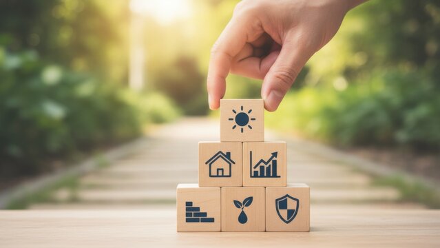 Path to sustainable prosperity: hand crowning pyramid of icons for home, growth, savings, nature and protection with sun block, symbolizing balanced financial, environmental and personal wellbeing

