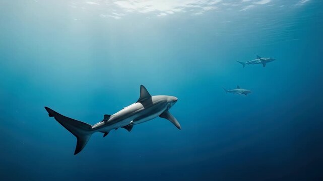 A group of sharks swimming in the deep blue ocean with sun rays from the surface. Majestic marine predators in their natural underwater habitat showing the beauty of wildlife