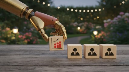 AI powered talent growth: robotic hand lifting performance graph block above human icons on outdoor table with string lights, symbolizing HR analytics, workforce optimization and human machine collabo