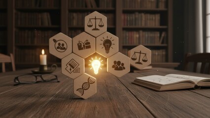 Bioethics and justice in focus: wooden hexagons with DNA, scales, people and book icons around glowing lightbulb in library, symbolizing ethical decision making in law, medicine, genetics and research