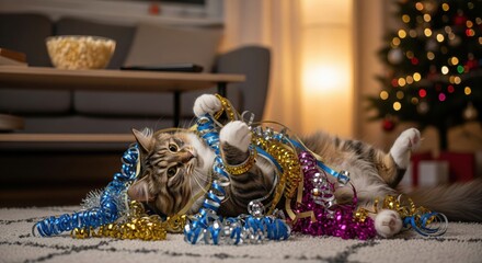 Playful cat tangled up in colorful party ribbons and festive streamers on the floor.